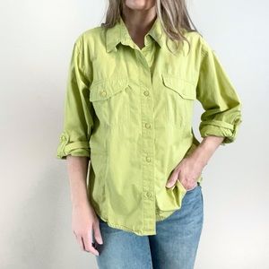WOOLRICH Lime Green Button Up Outdoor Shirt with Tab roll sleeves size Medium